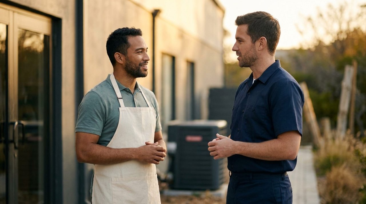 A restaurant owner talking with a pest control technician