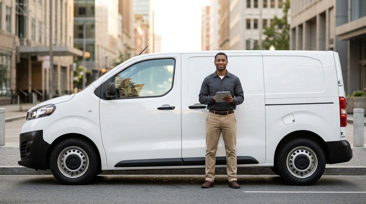 Pest control technician with a tablet beside a service van